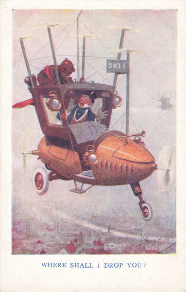 Air Taxi on early 1900s vintage postcard, Where Shall I Drop You?