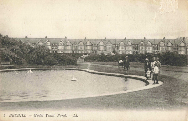 Old postcard of Bexhill Model Yacht Pond published by LL