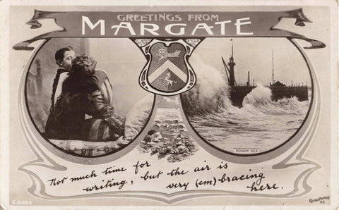 Early 1900s real photo postcard Greetings from Margate, a saucy one posted 1911