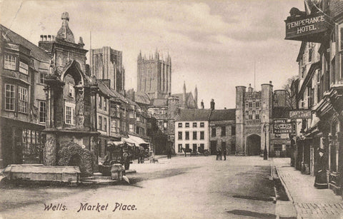 Early 1900s postcard of Market Place, Wells in Somerset