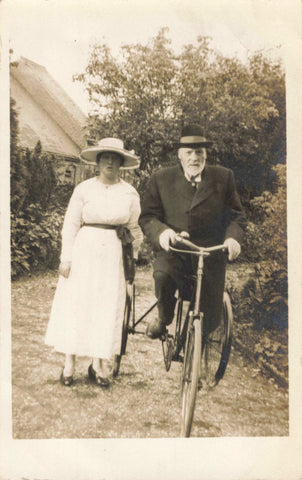 Old real photo postcard, gentleman on a tricycle, on back is written Grandpa and Olga, September 1919