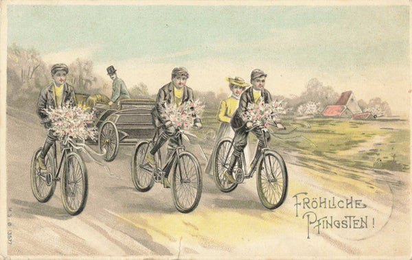 Bicycles- Fröhliche Pfingsten, Happy Pentecost - 1907 Embossed Postcard 