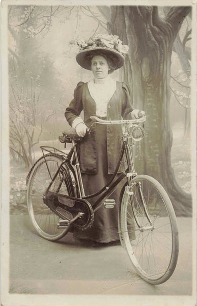 Lady with Bicycle, old real photo postcard - Ipswich photographer