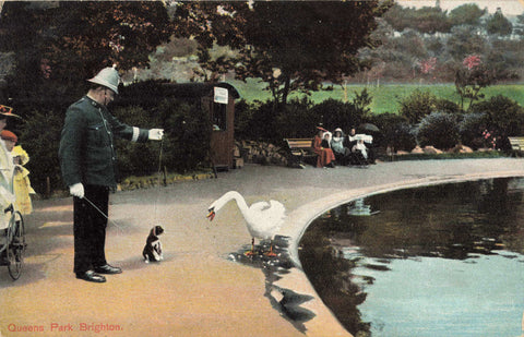 Old postcard of a scene in Queens Park, Brighton with a swan, dog and policeman