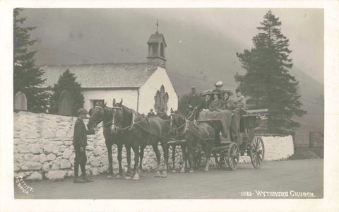 Old real photo postcard of Wythburn Church with horse and carriage and people 