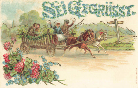 Old German embossed postcard, sending greetings featuring horse drawn transport