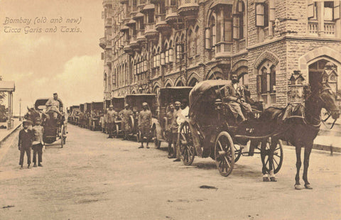 Old postcard from Bombay showing Ticca Garis and Taxis