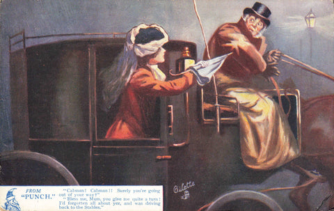 Early 1900s taxi theme humour postcard from Punch, Tuck Oilette