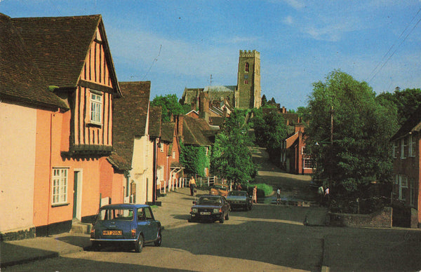 Old postcard of Church Hill, Kersey in Suffolk - c1970s