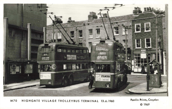 HIGHGATE VILLAGE TROLLEYBUS TERMINAL 13.6.1960 PAMLIN POSTCARD