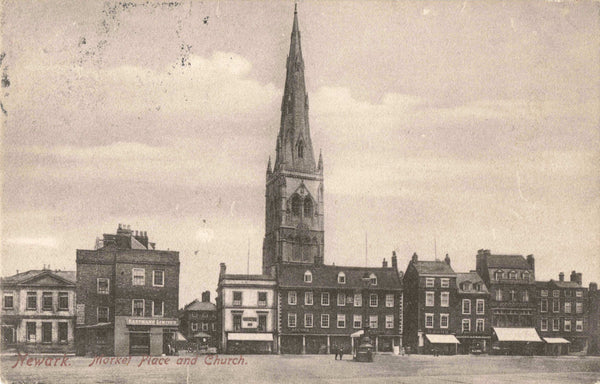 Old postcard of Newark Market Place and Church
