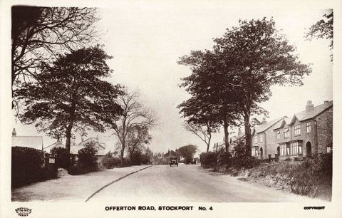Old real photo postcard of Offerton Road, Stockport