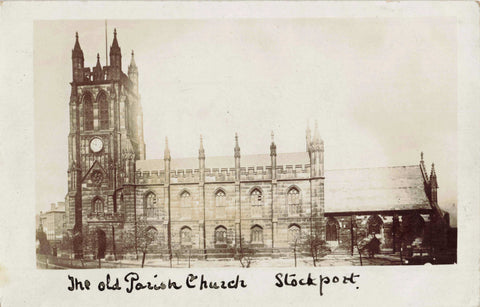 Old real photo postcard of the Old Parish Church, Stockport