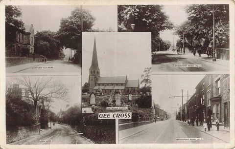 Old real photo multiview postcard of Gee Cross in Cheshire (near Hyde)