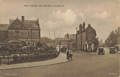 Old postcard of Bank Square and Gardens, Wilmslow, with people, old cars etc