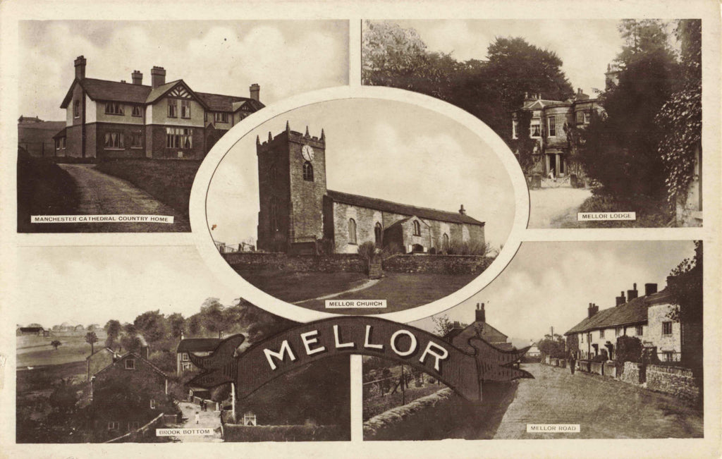 Old real photo multiview postcard of Mellor in Cheshire