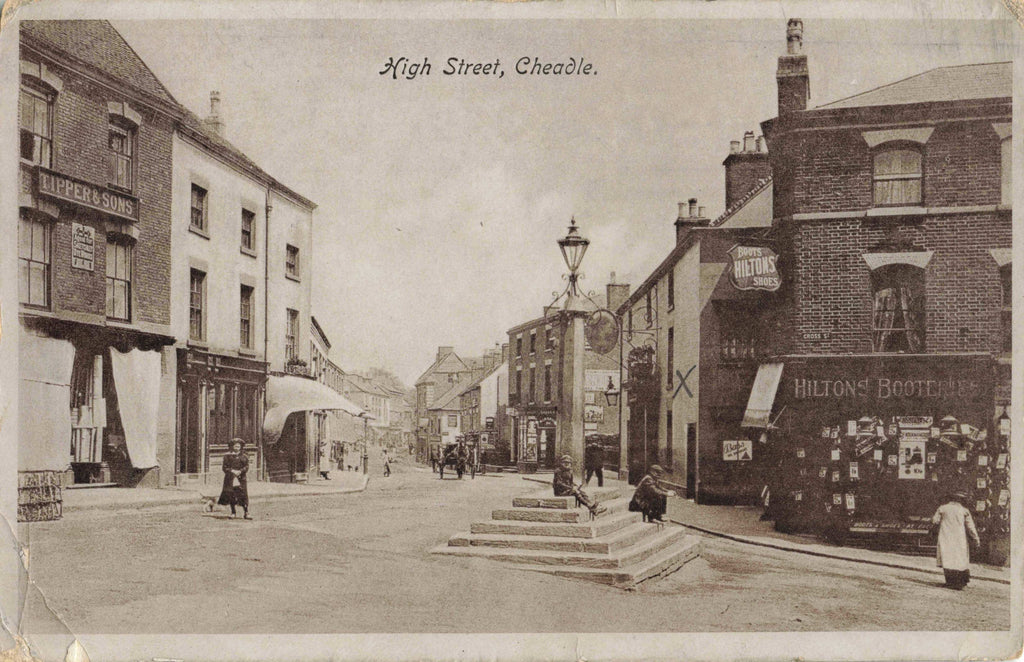 Old real photo postcard of High Street, Cheadle, Staffordshire