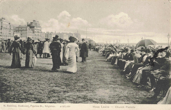 Pre 1914 postcard of Hove Lawns, showing a Church Parade