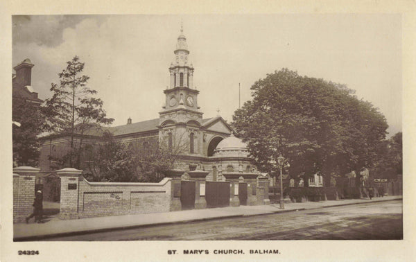 Old real photo postcard of St Mary's Church, Balham in south London