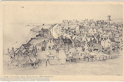 THE VILLAGE AND OLD MILL, ROTTINGDEAN - OLD SKETCH POSTCARD (ref 2208)