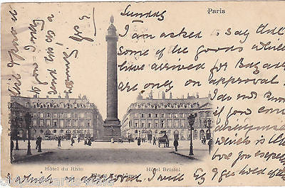 PARIS, HOTEL DU RHIN, HOTEL BRISTOL, PLACE VENDOME - 1905 POSTCARD (ref 5486)
