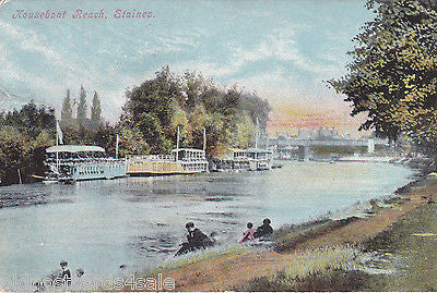 HOUSEBOAT REACH, STAINES - 1909 POSTCARD