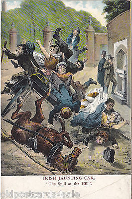 IRISH JAUNTING CAR - THE SPILL AT THE HILL - OLD POSTCARD (ref 3921/16)