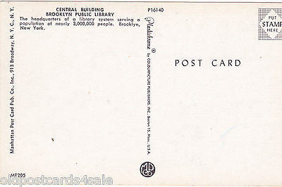 BROOKLYN PUBLIC LIBRARY, CENTRAL BUILDING - OLD NY POSTCARD (ref 5409)