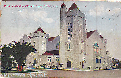 FIRST METHODIST CHURCH, LONG BEACH, CALIFORNIA - 1921 POSTCARD (ref 4824)
