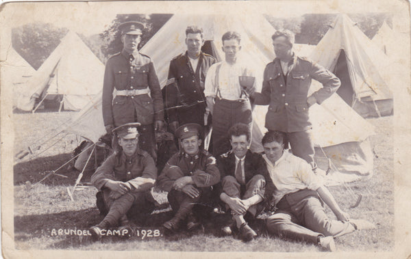 Real photo postcard of unidentified soldiers at Arundel Camp, Sussex, England in 1928