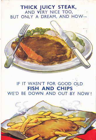 Late 1940s comic postcard showing steak and fish and chips