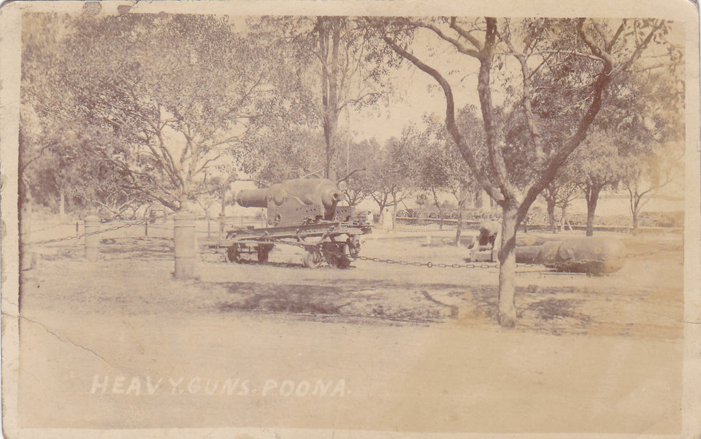 Old real photo postcard entitled Heavy Guns, Poona, India, World War One
