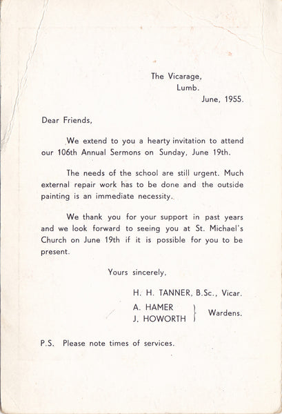 ST MICHAEL'S CHURCH, LUMB-IN-ROSSENDALE 1955 POSTCARD SERMON INVITATION (ref 5852/20)