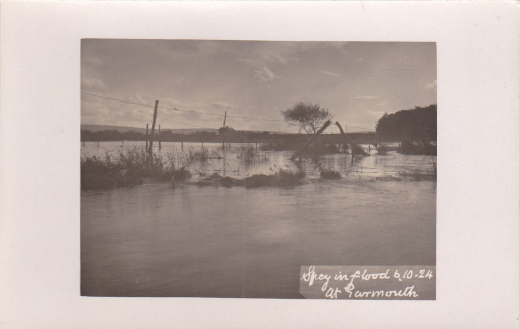 Real photo postcard showing the Spey in Flood, 6 October 1924, at Garmouth in Moray
