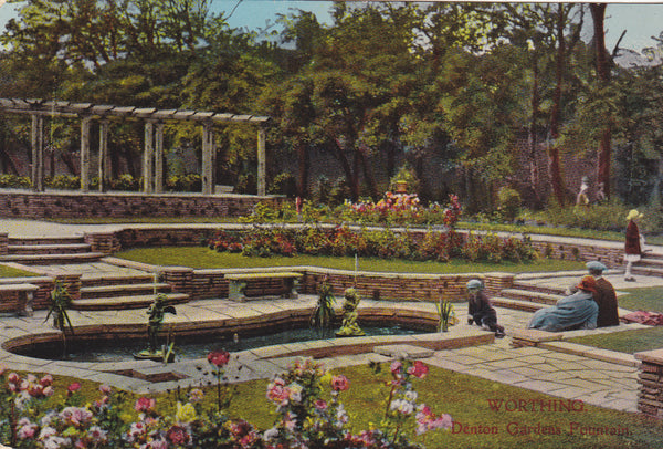 Old postcard of Denton Gardens Fountain, Worthing