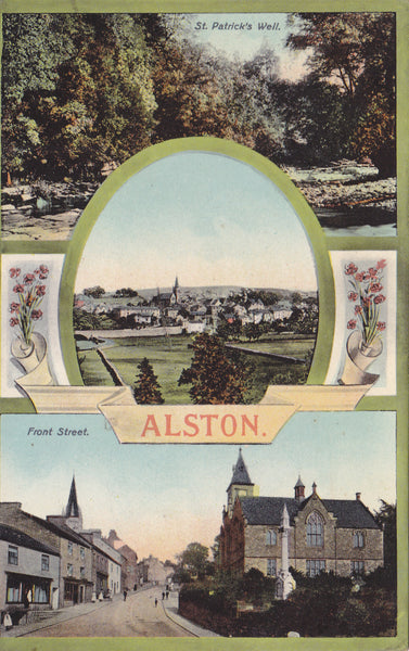 Old postcard showing several images of Alston 