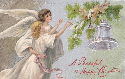 A PEACEFUL & HAPPY CHRISTMAS - ANGELS EARLY 1900s EMBOSSED POSTCARD 