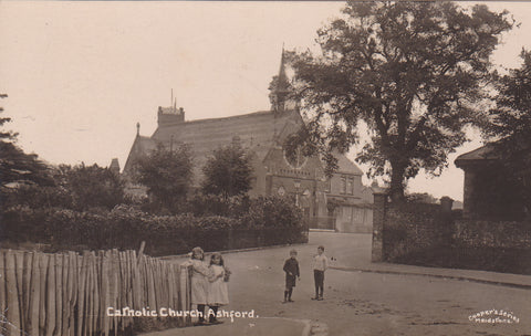 Old real photo postcard of the Catholic Church, Ashford in Kent
