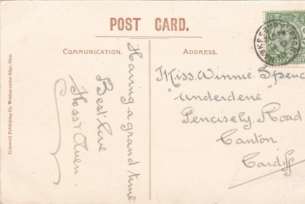 THATCHED COTTAGE, STATION ROAD, BADMINTON - 1913 POSTCARD (ref 2582/17)