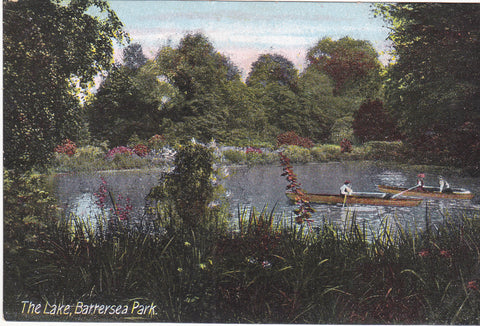 Old postcard of The Lake, Battersea Park, London