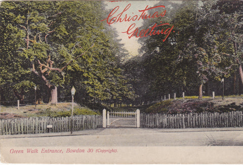 Pre 1918 Christmas Greeting postcard showing Green Walk Entrance, Bowdon