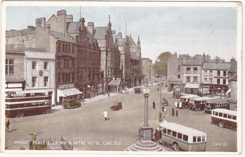 Old postcard of Market Place & Mitre Hotel, Carlisle showing buses