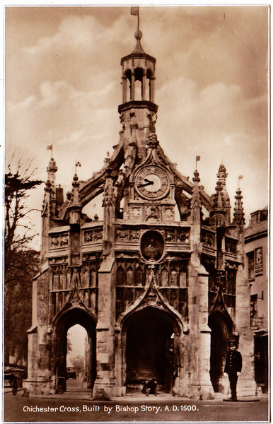 Old real photo postcard of Chichester Cross