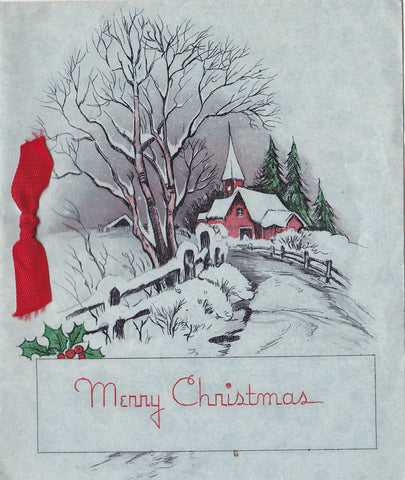 VINTAGE FOLDING CHRISTMAS CARD WITH RIBBON, 1920s/30s
