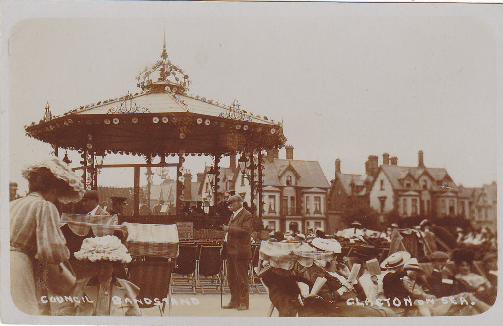 Old real photo postcard of the Council Bandstand, Clacton on Sea