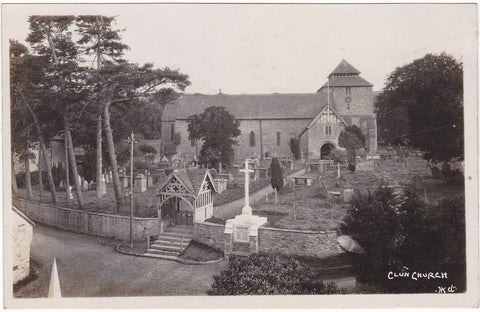 Old real photo postcard of Clun Church, Shropshire