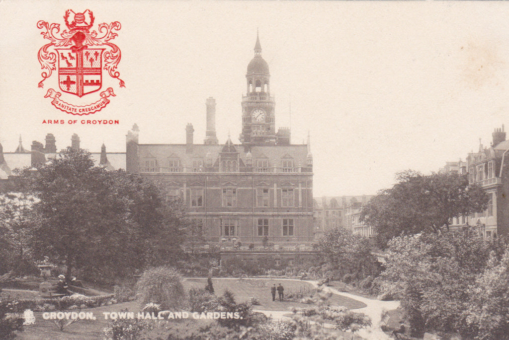 Town Hall, Croydon, coat of arms vintage postcard