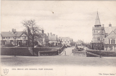 Old postcard of Dell Bridge and Schools, Port Sunlight in Wirral