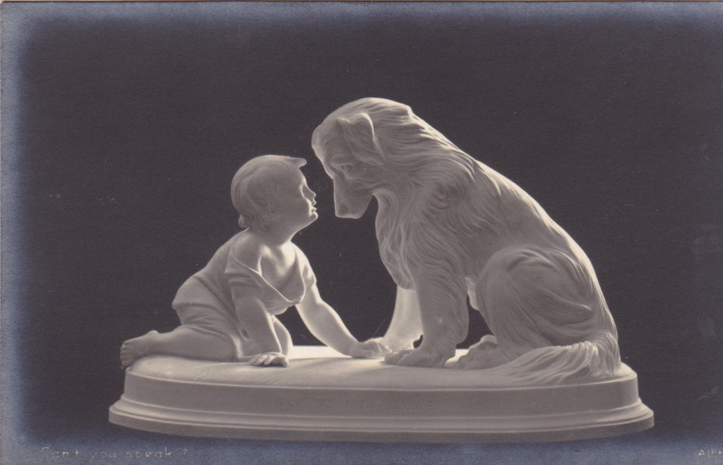 Vintage postcard showing sculpture of dog and child