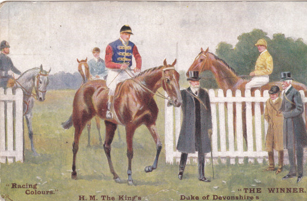Horse racing postcard "Racing Colours The Winner - H.M The King's Duke of Devonshire"